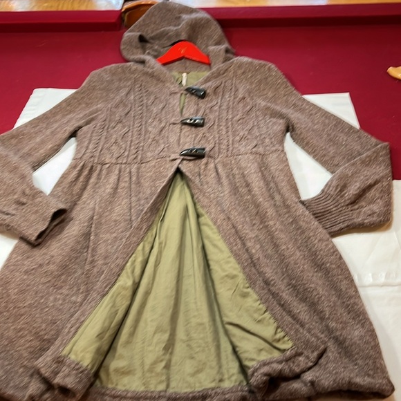 Free People brown Princess Toggle CableKnit Lambswool nylon Sweater Coat jacket - Picture 9 of 16